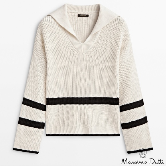 Massimo Dutti Sweaters - Massimo Dutti **NWT** Striped Sweater with Polo Collar in Ecru / Black